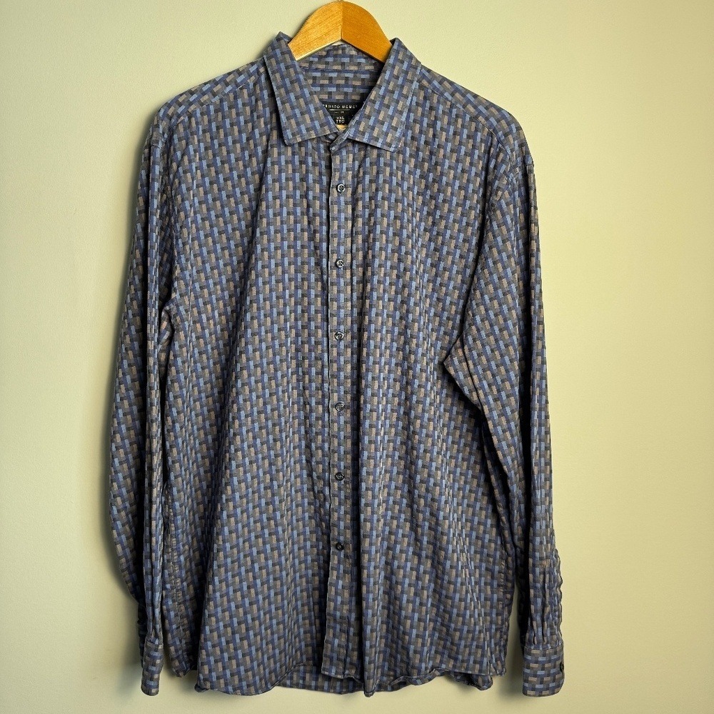 Pronto Uomo Men's Long Sleeve Button Shirt Abstract Check Blue Size XXL Office